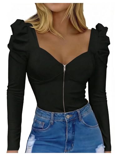 Verdusa Women's Zip Up Bustier Tops Ruffle Puff Sleeve Fitted T