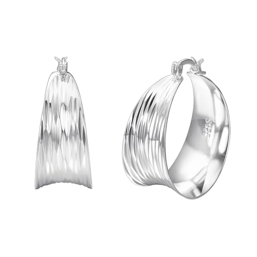 Image of JOLCHIF Chunky Textured Silver Hoops Earrings for Women Platinum Plated Round Classic Earrings Lightweight Hypoallergenic Jewelry