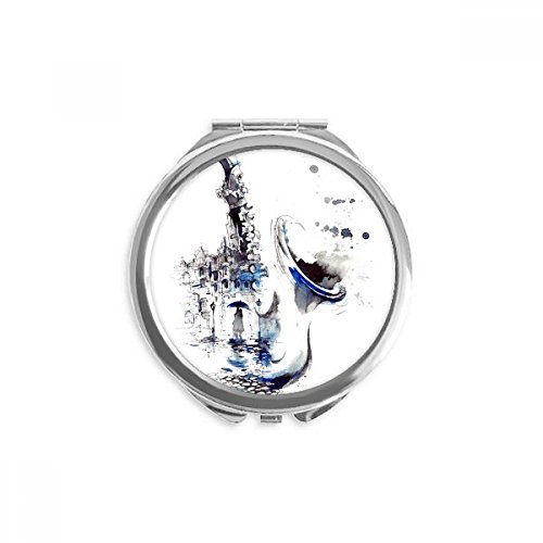 Miroir de poche portable aquarelle saxo maquillage main rond multicolore