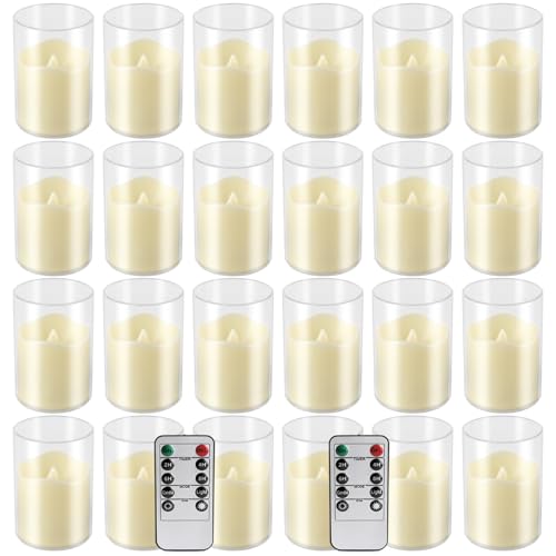 Image of fclayvts 24 Pack Flameless LED Candles with Clear Glass Holder, Battery Operated Real Wax Tea Lights with Remote & Timer, Flickering Warm Light Fireless Votive Candles for Home Wedding Holiday Decor