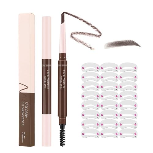 Eyebrow Pencil with Stencils Kit – Dual-Ended Waterproof Brow Pencil with Brush & 24 Reusable Eyebrow Stencil Shapes for Easy Eyebrow Shaping and Filling – Long-Lasting Smudge-Proof Brow（#05）