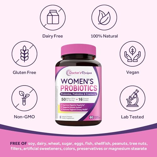 Doctor's Recipes Women's Probiotic, 60 Caps 50 Billion CFU 16 Strains, with Organic Cranberry, Digestive Immune Vaginal & Urinary Health, Shelf Stable, Delayed Release, No Soy Gluten Dairy - Image 6