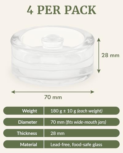Elementi Glass Fermentation Weight Set of 4 - Easy Grip Fermenting Weights, Perfect Fit for Wide Mouth Mason Jars, Durable Soda-Lime Glass for Sauerkraut, Kimchi & More - Pickling & Canning Weights
