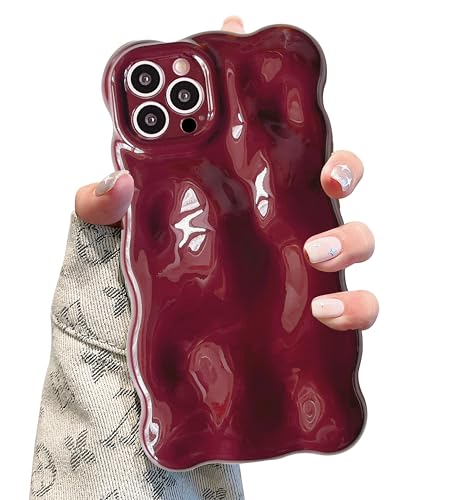 UEEBAI Case for iPhone 15 Pro Max 6.7 inch, Christmas Burgundy Cute Curly Wave Shape Shockproof Soft TPU Bumper Phone Case, Candy Water Ripple 3D Silicone Slim Pretty Case Non-yellowing Cover-Wine Red
