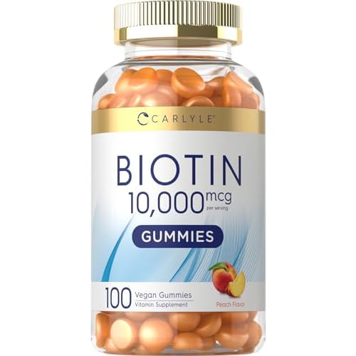 Carlyle Biotin 10000mcg Gummies | 100 Count | Peach Flavor Supplement | Vegan, Non-GMO, Gluten Free
