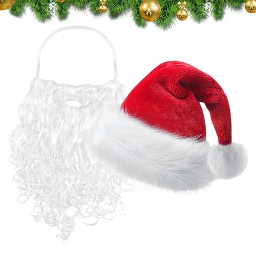 Moxeupon Barba y Sombrero de Santa Claus, Sombrero y barba de Santa Claus para adultos | Sombrero de Navidad Barba de Santa Claus | Accesorios para disfraz, sombrero de navidad, barba falsa de Santa