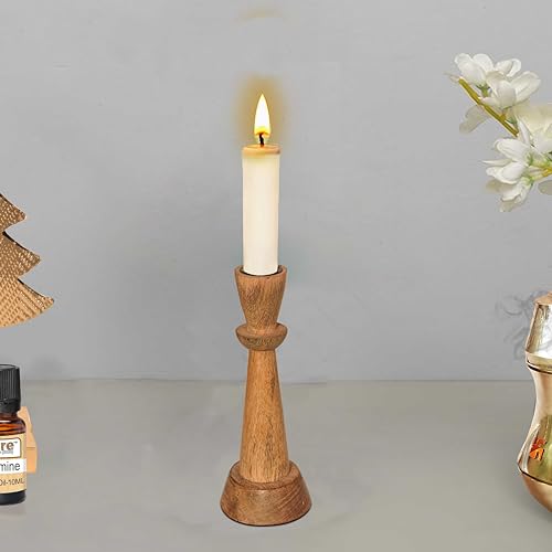 Image of Pure Source India Wooden Candle Holder for Taper Candles, Natural Mango Wood Vintage Style 18cm Tall Candle Stand for Fireplace Dining Table Centrepiece, Decorative Item for Home