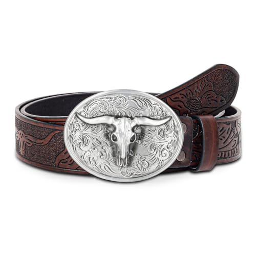 Aurolran Western Cowboy Cowgirl Belt Country belt for Men Women, Leather Bull Buckle Belts for Jeans
