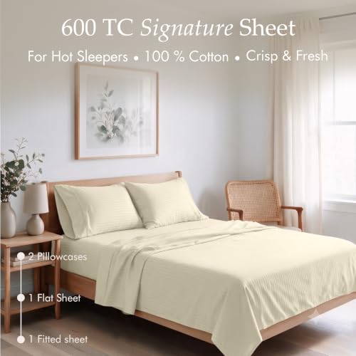 Image of Threadmill 600TC Cotton King Sheet Set, Sateen, Damask Stripe, Cream