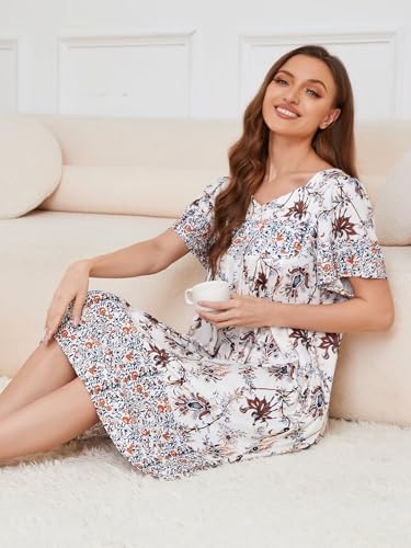 Image of CRIPOM Womens Nightgown Short Sleeve House Dress with Pockets-Floral Print Mumu Dress S-3XL