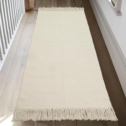 Collive Kitchen Runner Rug, 2' x 4.3' Hand-Woven Reversible Washable Rug, White/Beige Cotton Modern Farmhouse Bathroom Rug Hallway Carpet for Foyer Bedroom Entry Back Door Decor