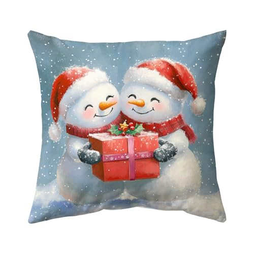 Mearafois Smiling Two Snowmen Wearing SantHats and Sholding Red Gift Box Printed Pillow Covers 16x16 Double-Sided, Decorative Throw Pillow Covers for Home Bedroom Living Room Decor