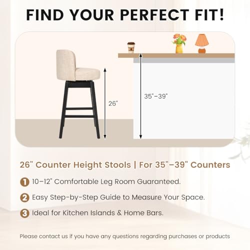 Image of COCO DESIGN Swivel Bar Stools Set of 2, 26 inch Counter Height Mid Century Modern Barstools with Back, Velvet Upholstered Seat and Solid Wood Legs, for Bar Kitchen Island, Cream Beige