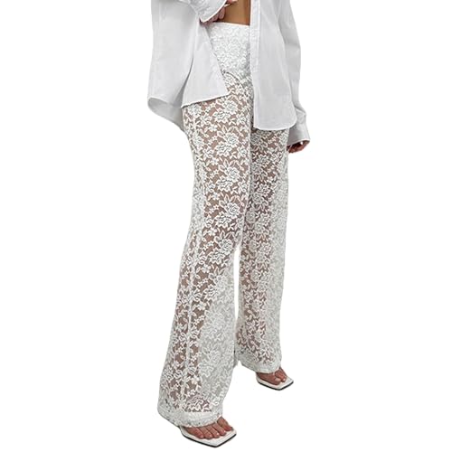 Women's Sexy See Through Lace Pants Transparent Sheer Mesh Straight Leg Pants Hollow Out Slim Trousers Cover Up
