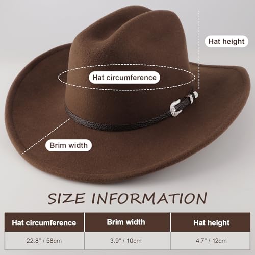 Image of DRESHOW Cowboy Hat for Women and Men Classic Felt Western Hat for Cowboys Cowgirls Wide Brim Belt Buckle Retro Fedora Hats