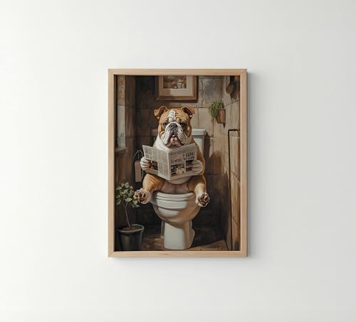 Image of Bulldog on Toile Wood Framedt Wall Art Print Poster, Dog Bathroom Humor Decor Posters Prints for Restroom Home Picture Painting Artwork Gallery 7 (Bulldog, 11 inchW x 14 inchL, Wood Frame)