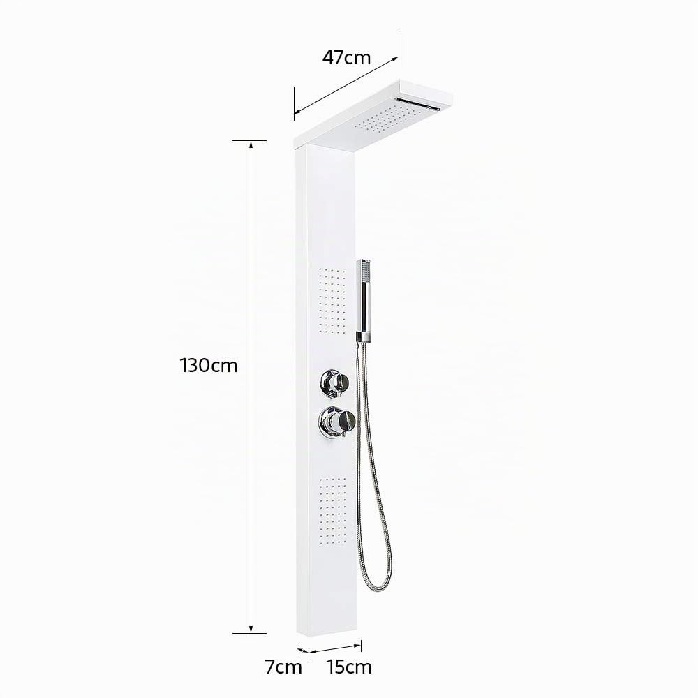 Columna de ducha con mezclador termostático sistema de ducha de lluvia de acero inoxidable con ducha, para cuarto de baño y hotel, 15 x 47 x 130 cm (blanco)