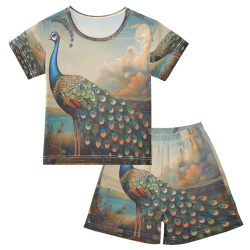 ALAZA Peacock Artwork Bird Pajamas Set Short Sleeve Cotton Sleepwear Summer Pjs 2 Piece 5-14Y