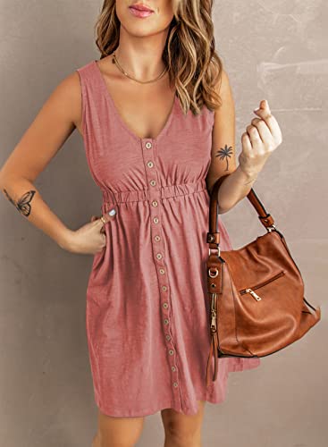 Blencot Women's Casual Sleeveless T-Shirt Dresses Summer V Neck Button Down Swing Short Dress Pink L #TOP4