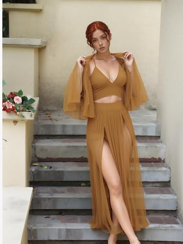 Image of Women Sexy 2 Piece Outfits Dress Chiffon Strap Deep V Neck Bra Crop Top High Split Maxi Dresses Skirt Set