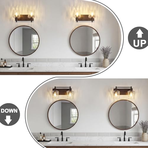 Image of Bathroom Light Fixtures Farmhouse Oil Rubbed Bronze Vanity Lights for Bathroom Lighting Fixtures Over Mirror with Hammered Glass Lampshade for Cabinet Mirror Bedroom Hallway 2 Light