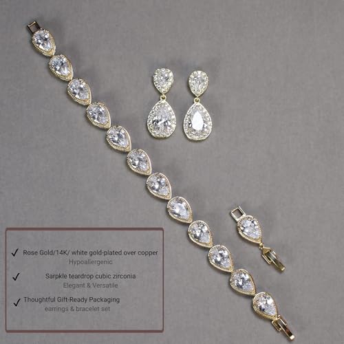 UDYLGOON Teardrop Earrings & Bracelet Set, Gold Plated Wedding Jewelry Set for Bride Bridesmaid, Women's Party Prom Gift4