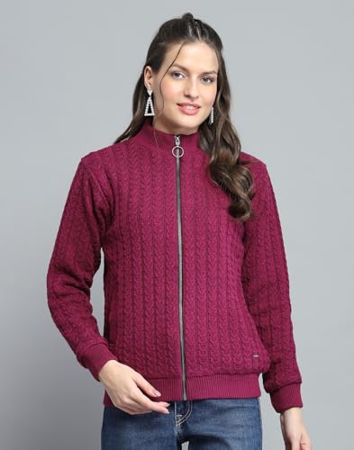 Image of Monte Carlo Womens Self Design Maroon Mock Neck Full Sleeve Jacket