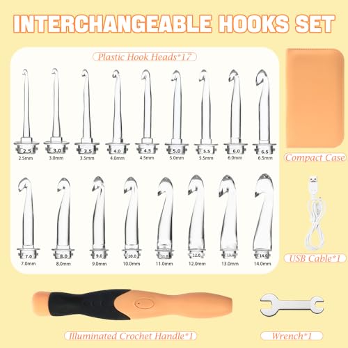 Image of Lewhoo 17 Sizes Light Up Crochet Hooks 2.5mm~14.0mm,Rechargeable Light Up Crochet Hooks with Case