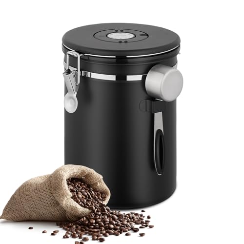 2.8L Airtight Coffee Canister - Stainless Steel Storage Container with CO2 Valve, Date Tracker & Measuring Scoop | Keeps 1kg Coffee Beans, Tea, Sugar, Cereal, Flour Fresh (Black, 35oz Capacity)