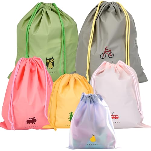 CREATCABIN 6Pcs 6 Colors Waterproof Drawstring Bag Gym Storage Bags Bulk Polyethylene Cartoon Pattern Sport Travel Cosmetic Draw String Organize Pouch for Home Clothes Shoes Swimming Beach Yoga