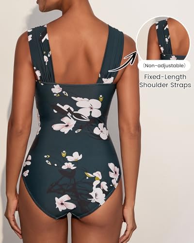 VECENEY One Piece Bathing Suit for Women Tummy Control Swimsuits Square Neck Ruched Modest Swimwear Floral Green L - 3