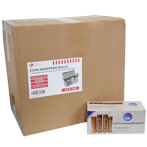 Image of L LIKED 3072 Pcs Preformed Coin Roll Wrappers - Quarters, Pennies, Nickels and Dimes (Pack 24x128)