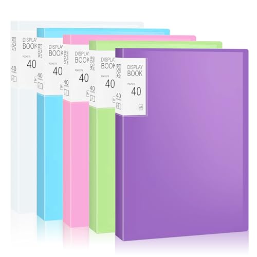 SUPERFA 5 Pack A4 Display Folders with Plastic Clear Sleeves, Display Book 40 Pockets for Individuals, Schools, and Offices (5 Colours)