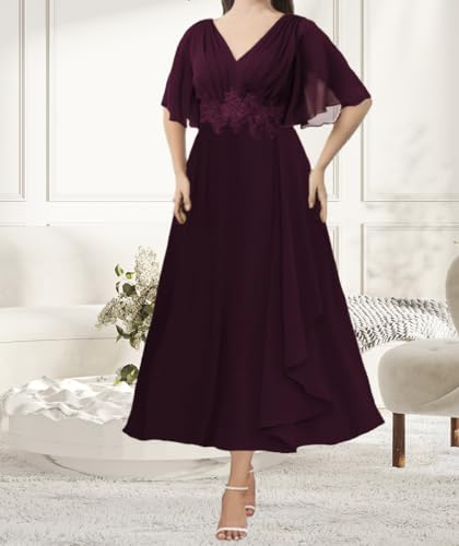 Tea Length Mother of The Bride Dresses Plus Size Chiffon Appliques Formal Evening Dress with Ruffles4