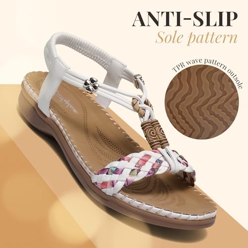 Image of Littleplum Women Sandals Arch Support Handmade Bohemian Braided Flat Sandals Comfort Walking Beach Ankle Elastic Summer Shoes
