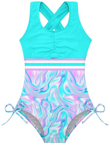 Image of BFUSTYLE Girls One Piece Swimsuit Cute Striped Bathing Suit Hawaii Swimwear 6-17 Years