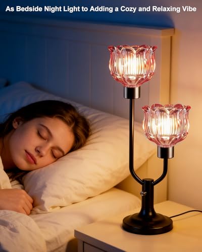 Image of Lightdot Mid Century Modern Table Lamp Dimmable Vintage Black Flower Lamp | Lotus Pink Glass Desk Lamp 2 Bulbs Included Warmwhite Ambient Nightstand Bedside Lamp for Living Room Bedroom Home Decor Gift