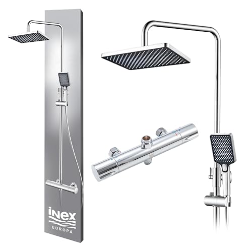 INEX EUROPA Columna de Ducha Termostática Cromado Pulido 2 Modos de Operación Alcachofa Ducha de Mano y Cabezal Cuadrado – Columna Ducha Termostática con Válvula de Seguridad y 10 Años de Garantía