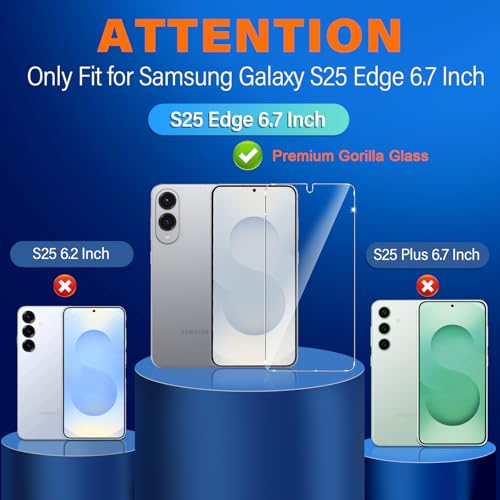 Image of 3 Pack for Samsung Galaxy S25 Edge Screen Protector Tempered Glass + 3 Pack Camera Lens Protector, Military Grade Shatterproof, 9H Hardness, Fingerprint Unlock, Case Friendly 6.7 Inch