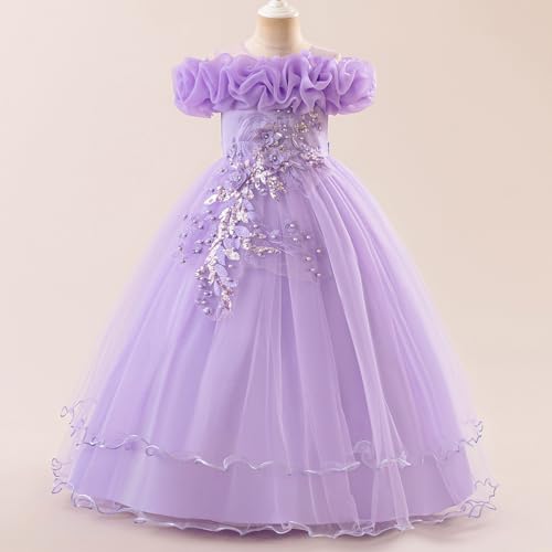 OBEEII Girls Pageant Dress Floral Cold Shoulder Wedding Junior Flower Girl Bridesmaid Tulle Dress Formal Princess Prom Tiered Birthday Party Ball Gown Communion Dance Gown Light Purple 11 Years2