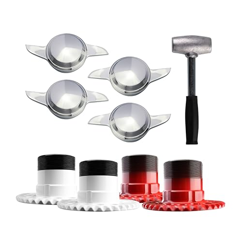 British Wire Wheel 2 Ear Swept Chrome Knock Off Spinner Caps with 5 Lug Wheel Adapters 5x4.5, 5x4.75, 5x5 | Designed for Lowrider Cars with Wire Wheels | Set of 4 + Lead Hammer