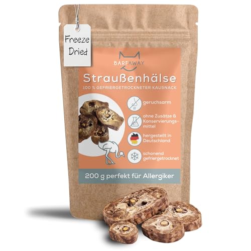 BARFAWAY Straußenhals, gefriergetrockneter Kausnack für Hunde, allergikerfreundlich, 100% natürlich ohne Zusätze, Deutsche Herstellung, geruchsneutral, 200 g
