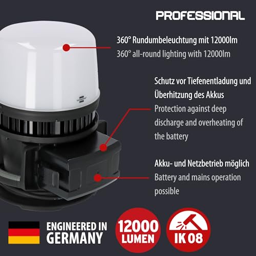Brennenstuhl Professional Multi Battery LED 360° Hybrid Baustrahler 12050 MH (12000lm, IP54, kompatibel mit 18V Akkus 11 verschiedener Hersteller, 5m RN-Kabel, ohne Akku, Engineered in Germany)