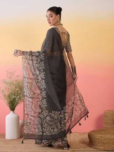 Image of AKHILAM Women's Cotton Printed Saree With Unstitched Blouse Piece