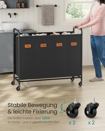SONGMICS Wäschekorb mit Rollen, Wäschesammler 4 Fächer, 200 L Wäschesortierer, beweglicher Wäschewagen, 5 Etiketten, für Waschküche… – Ansicht 4