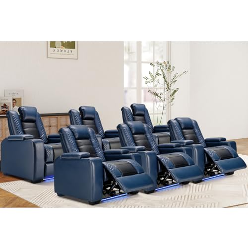 ANJ Power Recliner Chair Set of 6, Electric Recliner with Adjustable Headrest, Dual Motor Home Theater Seating with USB Port, Cup Holders, LED Lights, Hidden Arm Storage &ndash; PU Leather,Blue