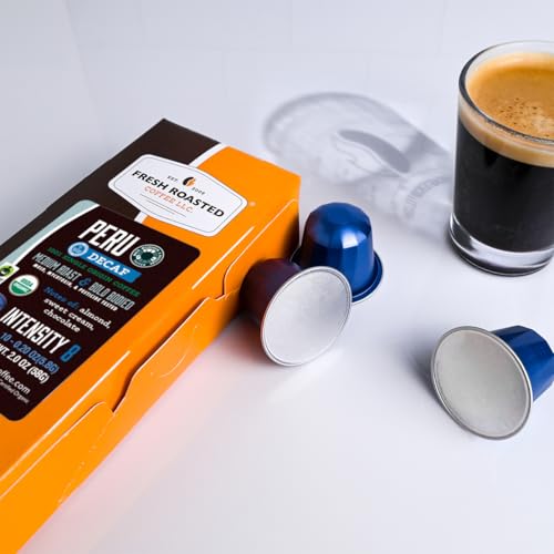 Image of Fresh Roasted Coffee, Peru WP Decaf Espresso Capsules for Nespresso OriginalLine, Medium, USDA Organic, 3rd Party Tested for Mold, Mycotoxin & Pesticides, Kosher, 10 Recyclable Aluminum Capsules