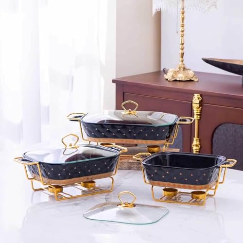 XMWOEIX Chafing Dish-Buffet-Set aus Keramik, Speisetablett mit Glasdeckel, Chafing Dish und Buffetwärmer-Set für Buffethochzeiten, Partys, Bankette, Weihnachten, Catering-Events, Schwarz, 27,9 cm L – Bild 3