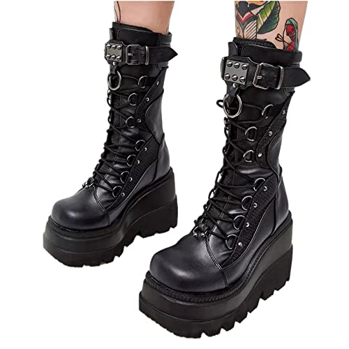 ZKXYFFS Platform Ankle Boots for Women Chunky High Heel Booties Punk Goth Round Toe Combat Boots Womens Lace Up Motorcycle Wedges Boots