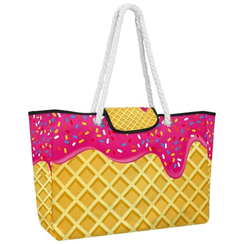 VAPOKF Bolso de mano grande para mujer, bolso de hombro con asa superior para viajes, trabajo, escuela, compras, helado de fresa derretido en gofre, multicolor, 14.5x20.8x5.5in/37x53x14cm
